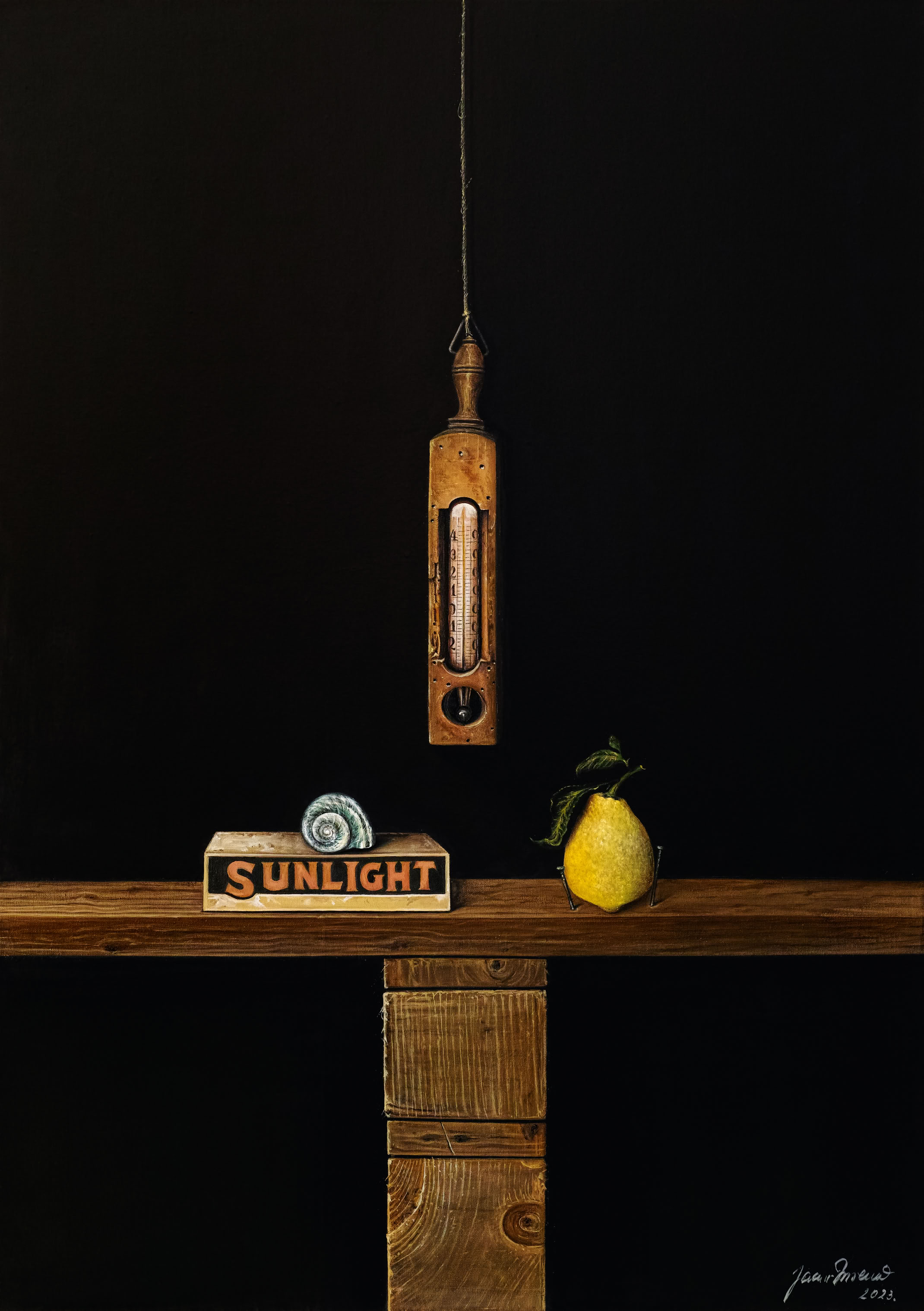 Ein hängendes Thermometer über einem Holztbrett, auf dem eine Schnecke, eine Schachtel mit der Aufschrift "SUNLIGHT" und eine Zitrone liegen.